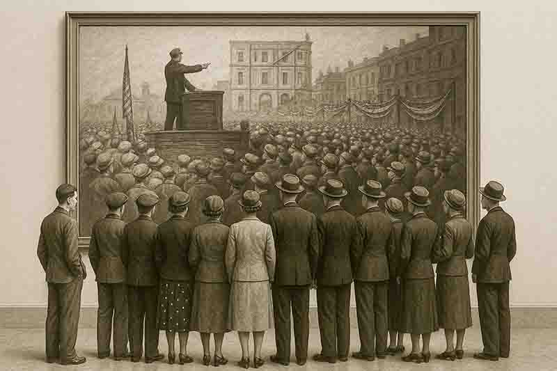 A crowd of people gathered in front of a large painting, observing and discussing the artwork displayed.