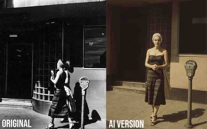 ATwo images featuring a woman in a dress and, both looking cheerful and standing side by side.