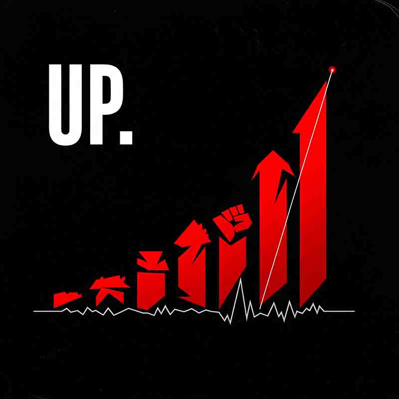 A dramatic, high-contrast graphic on a black background that symbolizes growth, progress, and defiance. The word 'UP.' is written in large, bold white text on the upper left. A stylized bar chart or rising graph is depicted in a vibrant red color, evolving from left to right.