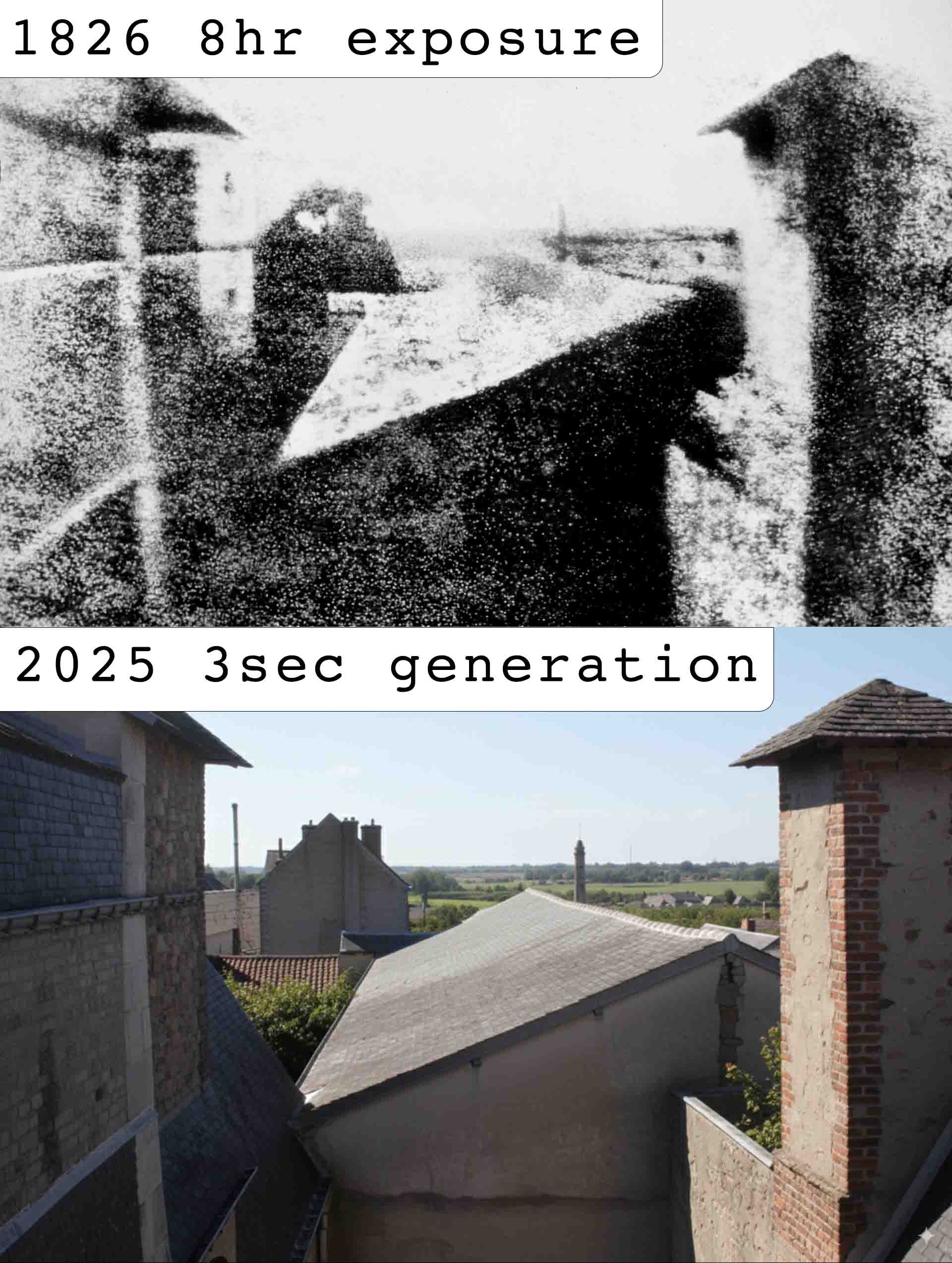 Two photographs are stacked vertically, showing the View from the Window at Le Gras. The top image is identified by the text 1826 8hr exposure. It is the first permanent photograph taken by Nicéphore Niépce. The bottom image, labeled 2025 3sec generation, is an AI generated image with the same view.