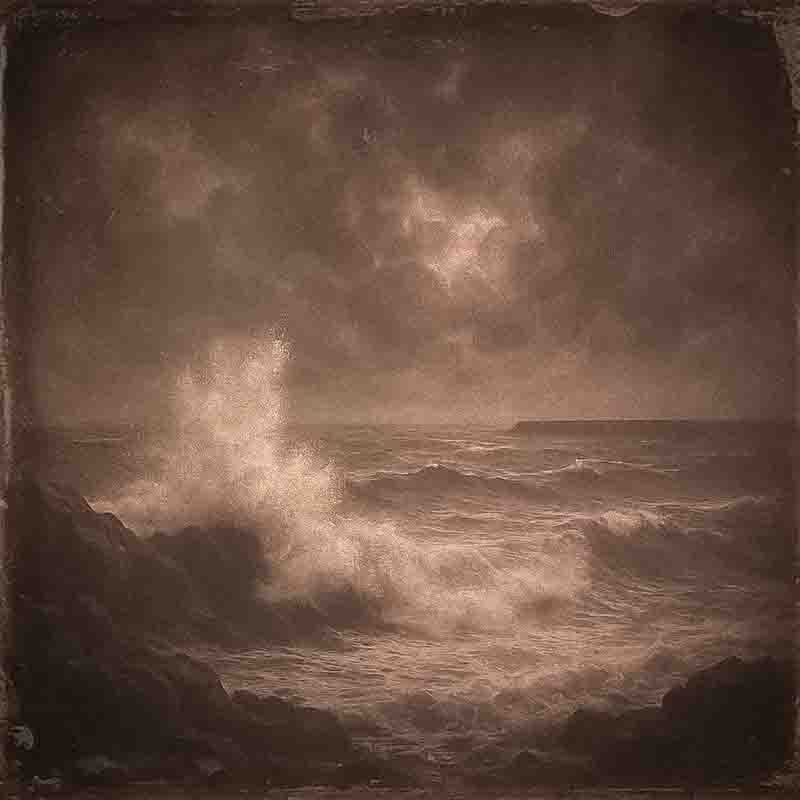 A wax paper negative photograph captures a dramatic, stormy seascape. Crashing waves with white foam dominate the left and center foreground, breaking against dark, jagged rocks on the left.