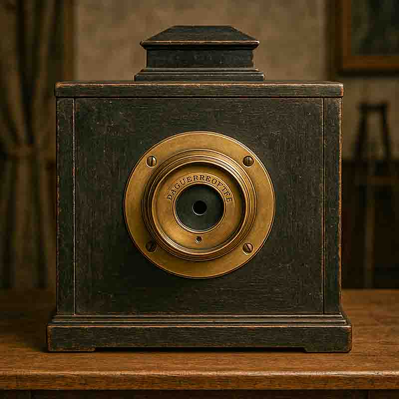 Antique photo camera designed for the daguerreotype process. It's a dark, rectangular wooden box with a brass lens assembly prominently featured on its front.