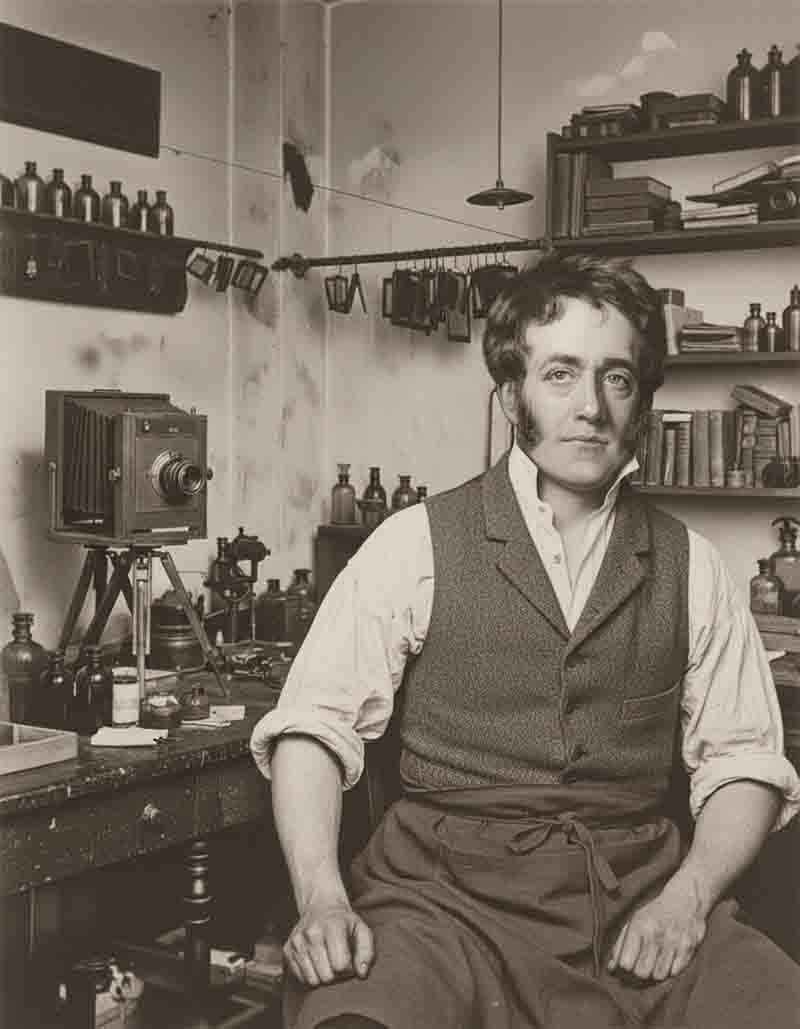 A sepia-toned portrait of John Herschel, English scientist, astronomer, chemist, polymath, seated in a 19th-century photographic studio.