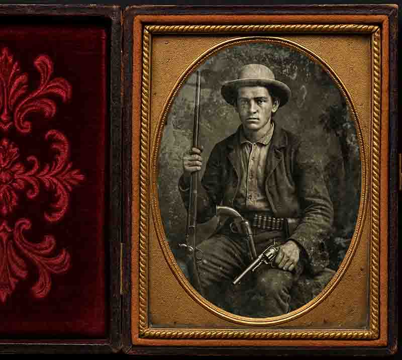 Framed daguerreotype of a man wearing a hat, a collared shirt, and a jacket. He has a serious or somber expression and is holding a long rifle or shotgun vertically with his left hand.