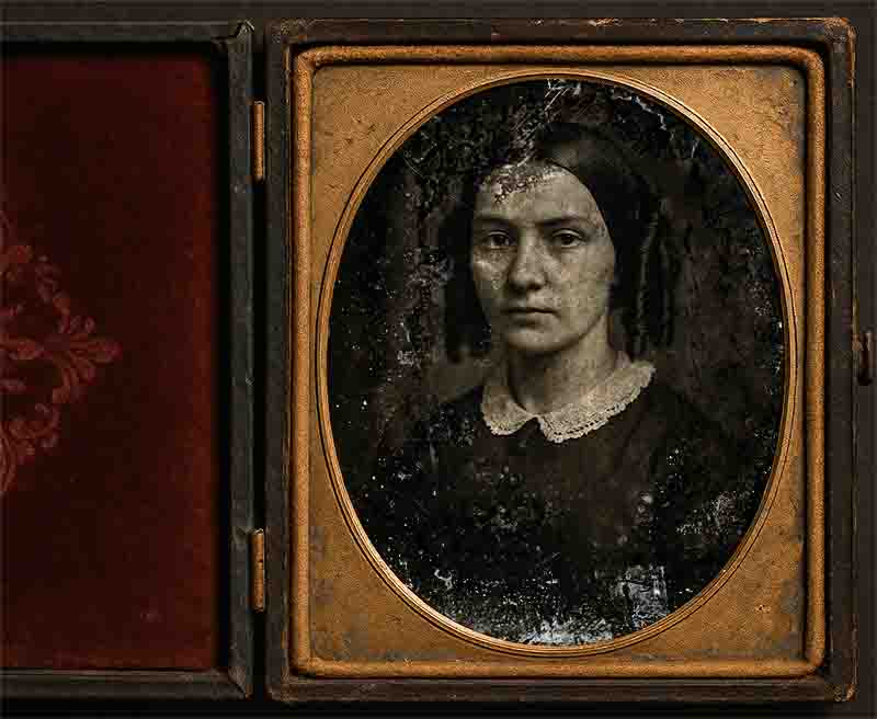 Cased daguerreotype of a woman with dark hair wearing a dark dress with a white, lace-trimmed collar. Her gaze is directed towards the viewer, and her expression is serious.