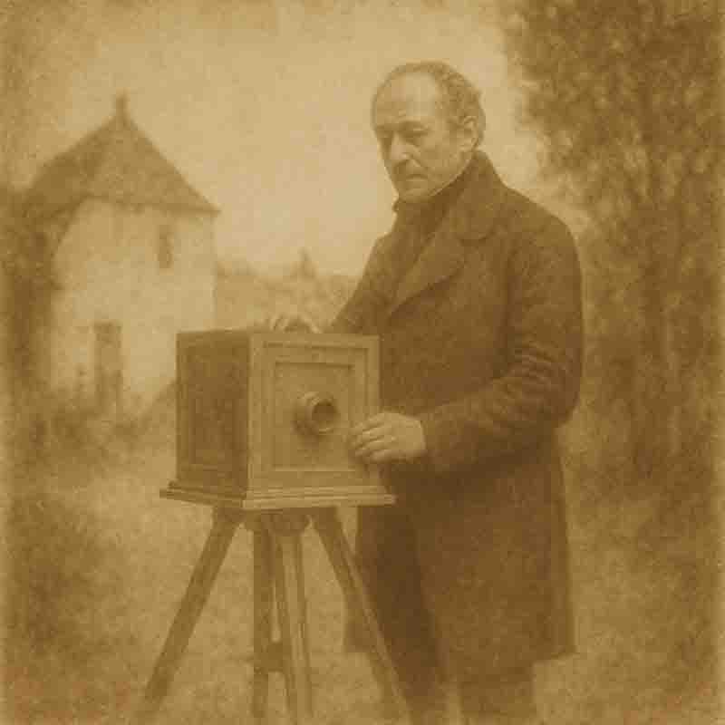 Nicéphore Niépce with Camera Obscura with buildings and trees in the background on his estate in Saint-Loup-de-Varennes