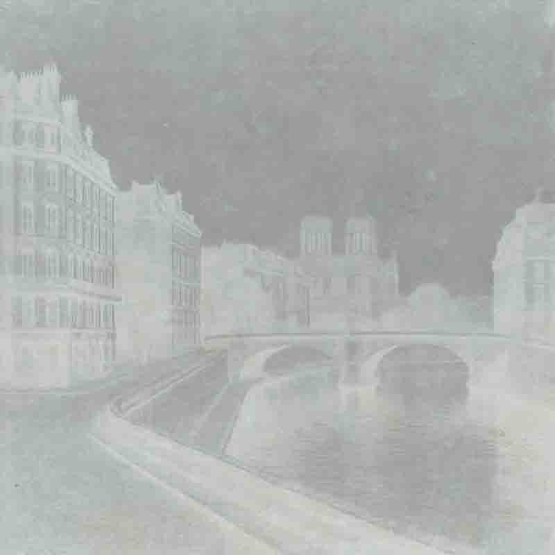 Aged calotype historical depiction of Notre Dame and the river Seine in Paris