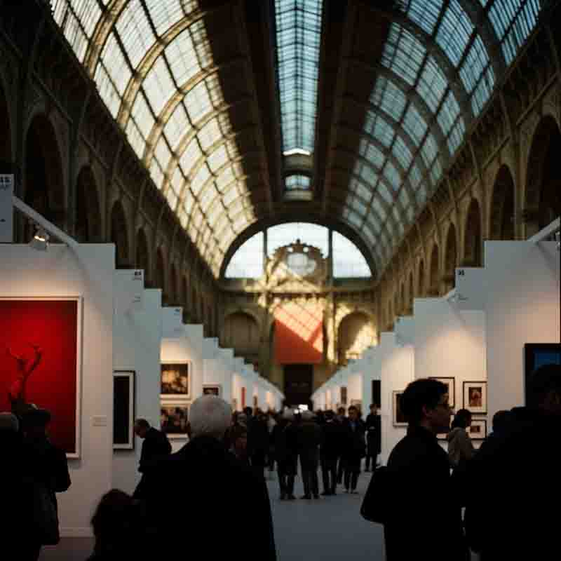 The interior of the Grand Palais in Paris,  during the annual Paris Photo fair. The scene is bustling with a crowd of people, many seen from behind, walking through a wide central aisle.