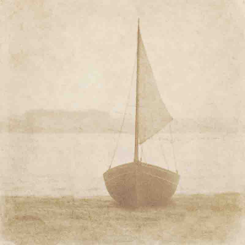 Sepia toned,faded Calotype photograph of a sailboat